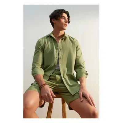 Trendyol Khaki Unisex Regular Fit 100% Bavlněná Košile Lněným Vzhledem