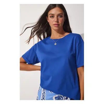 Happiness İstanbul Women's Blue Crew Neck Cotton Loose Knitted T-Shirt