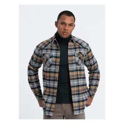 Ombre Men's checkered flannel shirt with pockets - gray-yellow