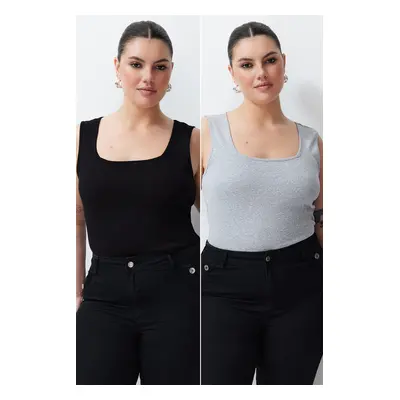 Trendyol Curve 2-Pack Black-Grey Basic Ribbed Knitted Square Neck Undershirt