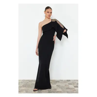 Trendyol Black Body-Fitting Stone Accessory Single Sleeve Woven Long Evening Dress