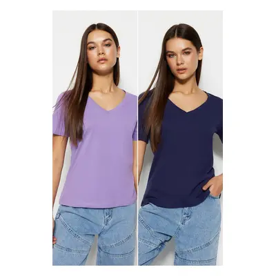 Trendyol Navy Blue-Lilac 100% Cotton Pack of Basic V-Neck Knitted T-Shirt