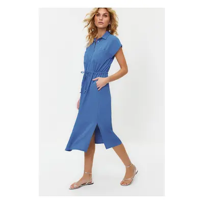 Trendyol Dark Blue Gathered Waist Pocket Detailed Aerobin Midi Woven Dress