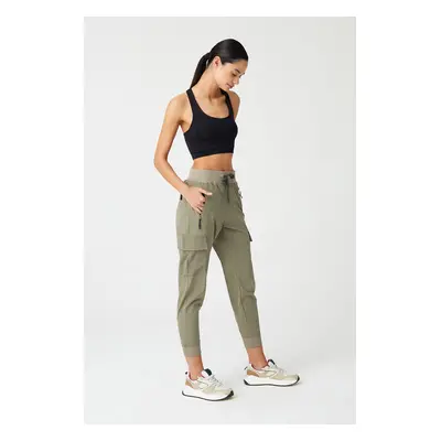 LOS OJOS Women's Khaki Cargo Pocket Elastic Waist And Cuff Jogger Trousers Cargo