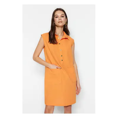 Trendyol Orange Straight Cut Pocket Shirt Collar Linen Look Mini Woven Dress