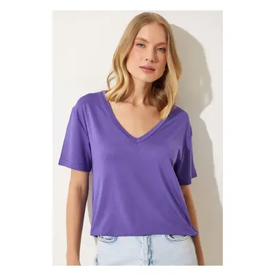 Happiness İstanbul Women's Purple V-Neck Basic Viscose Knitted T-Shirt