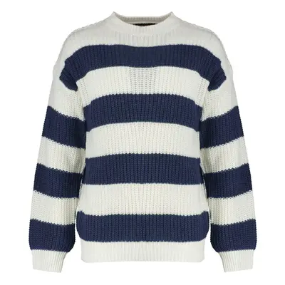 Trendyol Indigo Casual Oversize Fit Wide Mold Crew Neck Striped Knitwear Sweater