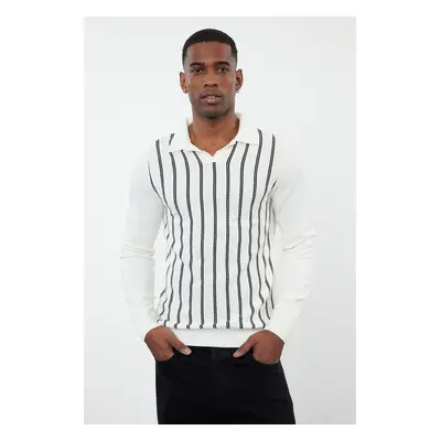 Trendyol Ecru Casual Slim Slim Fit Crew Neck Striped Knitwear Sweater