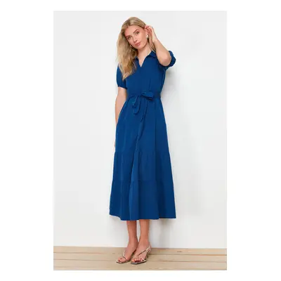 Trendyol Indigo Wide Cut Shirt Collar Maxi Woven Dress