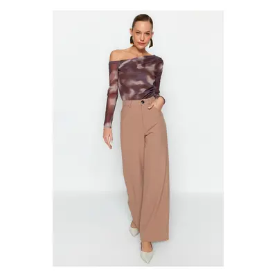 Trendyol Brown Tulle Fitted/Fits the Body Lined Asymmetric Collar Knitted Blouse