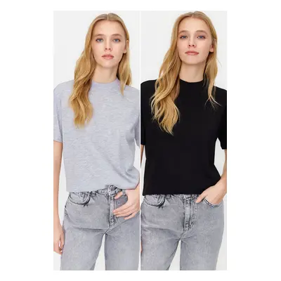 Trendyol Black-Grey Melange 2-Pack Basic High Neck Knitted T-Shirt