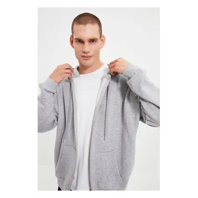 Trendyol Grey Oversize/Wide Cut Zippered Hooded Sweatshirt-Cardigan