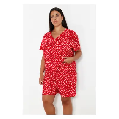 Trendyol Curve Red Flower Patterned V-Neck Knitted Pajama Set