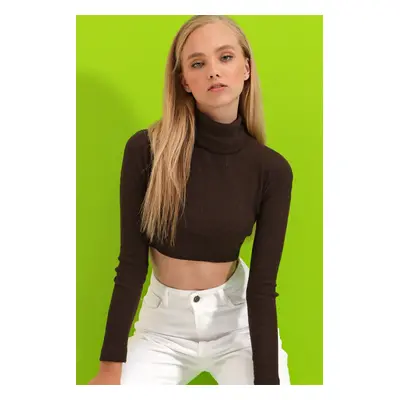 Trend Alaçatı Stili Dámské Hnědý Rolák Žebrovaný Základní Crop Body Halenka