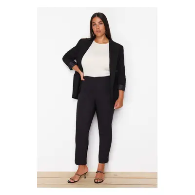 Trendyol Curve Black Cigarette Ribbed Waist Detailed Woven Plus Size Fabric Trousers