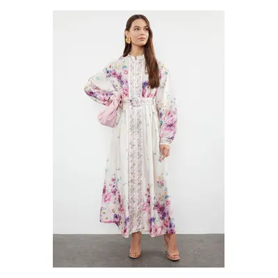 Trendyol Ecru Belted Woven Floral Patterned Dress