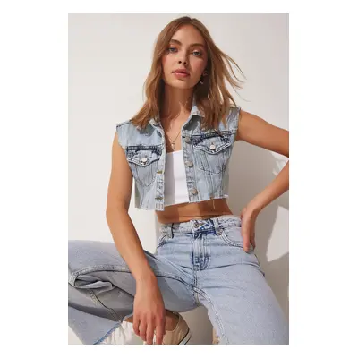 Happiness İstanbul Women's Ice Blue Crop Denim Vest