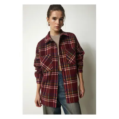 Happiness İstanbul Women's Burgundy Patterned Oversize Cachet Lumberjack Shirt