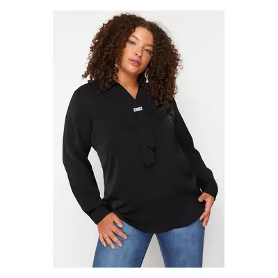 Trendyol Curve Black Woven Plus Size Stone Shirt Collar Blouse