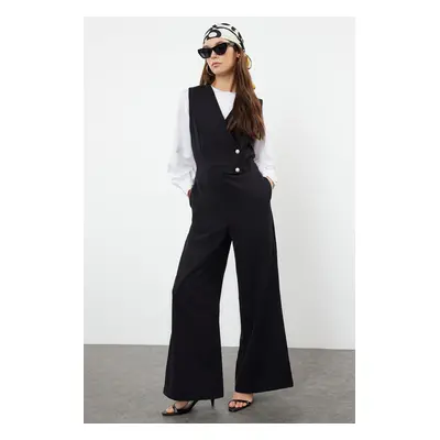 Trendyol Black Wide Leg Woven Jumpsuit with Pearl Detail at Waist