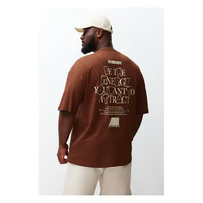 Trendyol Plus Size Brown Oversize/Wide Cut 100% Text Printed T-Shirt