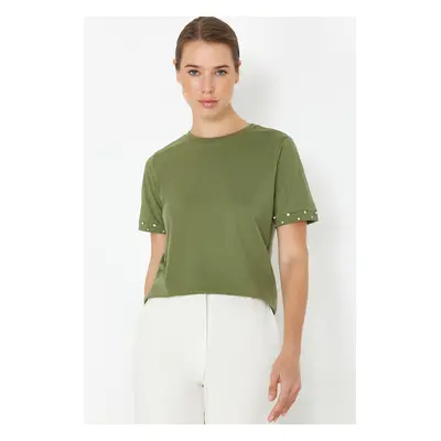 Trendyol Khaki 100% Cotton Stone Accessory Detailed Regular/Normal Pattern Knitted T-Shirt