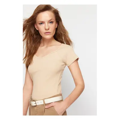 Trendyol Beige Fitted Cotton Stretch Knitted Blouse