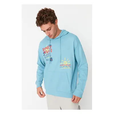 Trendyol Blue Men's Oversize/Wide-Cut Hoodie Printed Sweatshirt