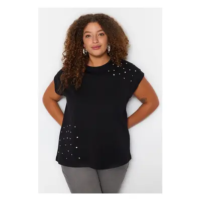 Trendyol Curve Black Crew Neck Stoned 100% Cotton Knitted T-shirt