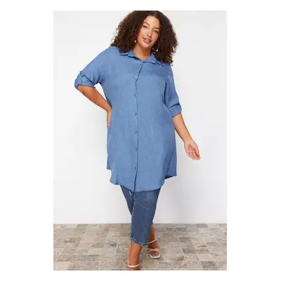 Trendyol Curve Blue Tunic Oversized Foldable Long Sleeve Plus Size Woven Shirt