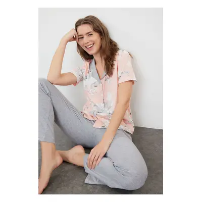 Trendyol Grey 100% Cotton Floral Knitted Pajamas Set