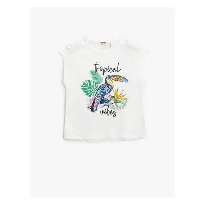 Koton Parrot Stamp Sequin Embroidered T-Shirt Window Detail Sleeveless