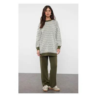 Trendyol Khaki Geometric Patterned Sweater-Pants Knitwear Set