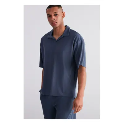 Trendyol Limited Edition Plus Size Indigo Oversize Textured Ottoman Polo Collar T-Shirt