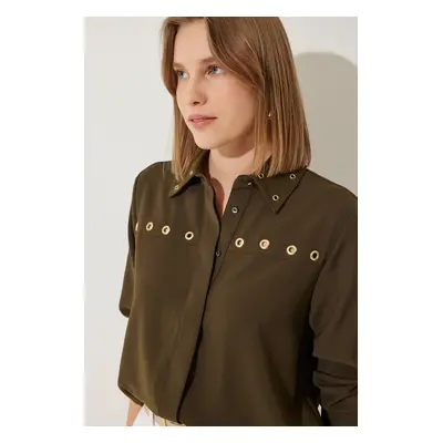 Happiness İstanbul Women's Dark Khaki Bird Eye Detailed Woven Shirt