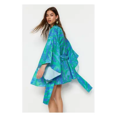 Trendyol Abstract Patterned Belted Flounce Mini Woven Beach Kimono & Caftan