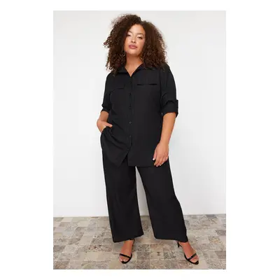 Trendyol Curve Black Textured Button-Woven Shirt-Pants Plus Size Bottom-Top Set