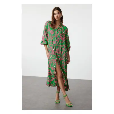 Trendyol Green Printed Midi Wide Neck Border Pattern Detailed Woven Dress Woven Dress