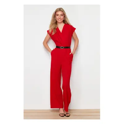 Trendyol Red Belted Double Breasted Collar Wide Leg Woven Jumpsuit