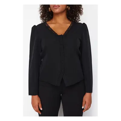 Trendyol Curve Black Lace V-Neck Buttoned Plus Size Woven Blouse