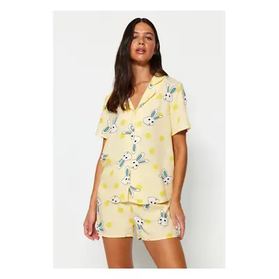 Trendyol Yellow Rabbit Pattern Viscose Shirt-Shorts Woven Pajamas Set