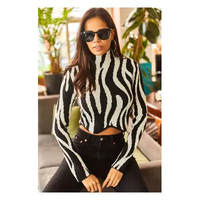 Olalook Women's Black Zebra High Neck Padded Asymmetric Crop Knitwear Blouse