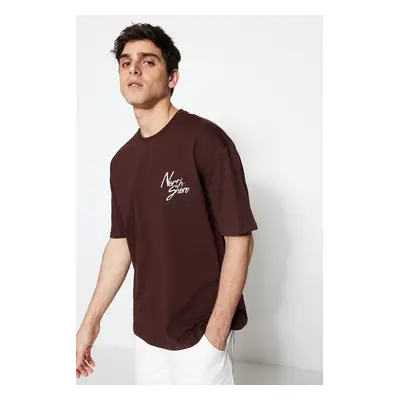 Trendyol Brown Oversize/Wide Cut Short Sleeve Text Printed 100% Cotton T-Shirt