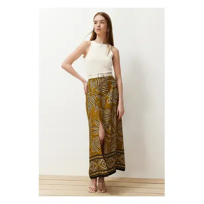 Trendyol Light Khaki Slit Patterned Viscose Fabric Maxi Woven Skirt