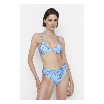 Trendyol Blue Floral Pattern High Waist Bikini Bottom