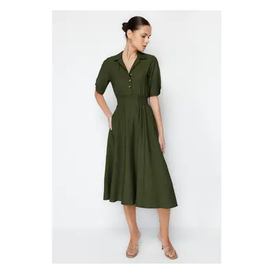 Trendyol Khaki A-line Shirt Collar Guiped Midi Woven Dress