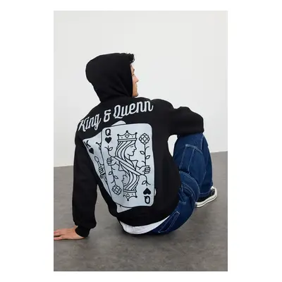 Trendyol Black Oversize/Wide Cut Hooded Card Print Fleece/Warm Sweatshirt