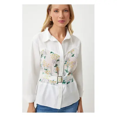 Happiness İstanbul Women's Ecru Yellow Floral Embroidery Detailed Woven Shirt