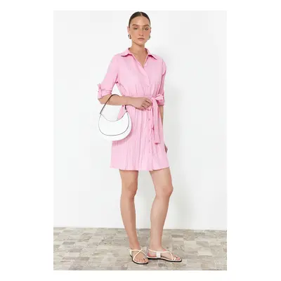 Trendyol Pink Belted Fabric Textured Mini Woven Shirt Dress