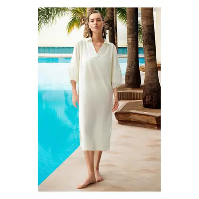 Trendyol Ecru Wide Fit Midi Woven Balloon Sleeve 100% Cotton Beach Dress